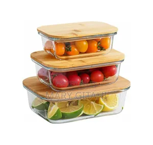 3pcs Glass Bowl Storage Containers With Bamboo Lid