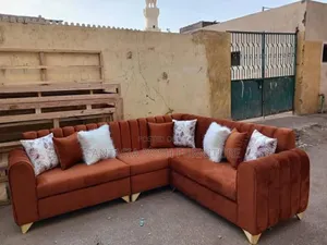 5-Seater Brown Velvet L-Shaped Sofa + Exotic Throw Pillows