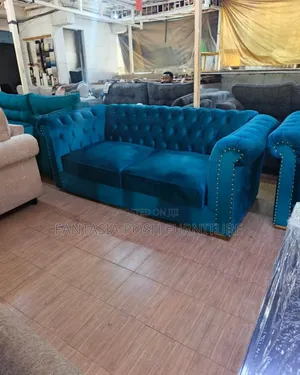 3-Seater Blue Velvet Sofa With Gold Studs