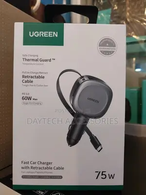Ugreen 75w Fast Car Charger With a Retractable Cable.