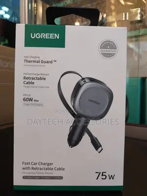Ugreen 55653 Car Charger Built in Cable Type C Retractable 75w