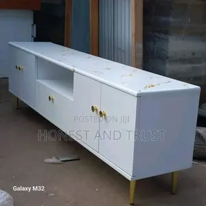 *6 Ft Modern Classy White Themed Tv Stand With Marble Topping*