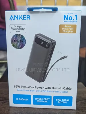 Anker 65w Two-Way Power (20,000mah, 87w, Built-in Cable) - Black