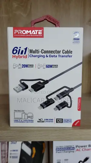 Promate 6-in-1 Hybrid Multi-Connector Cable Charging Data Transfer