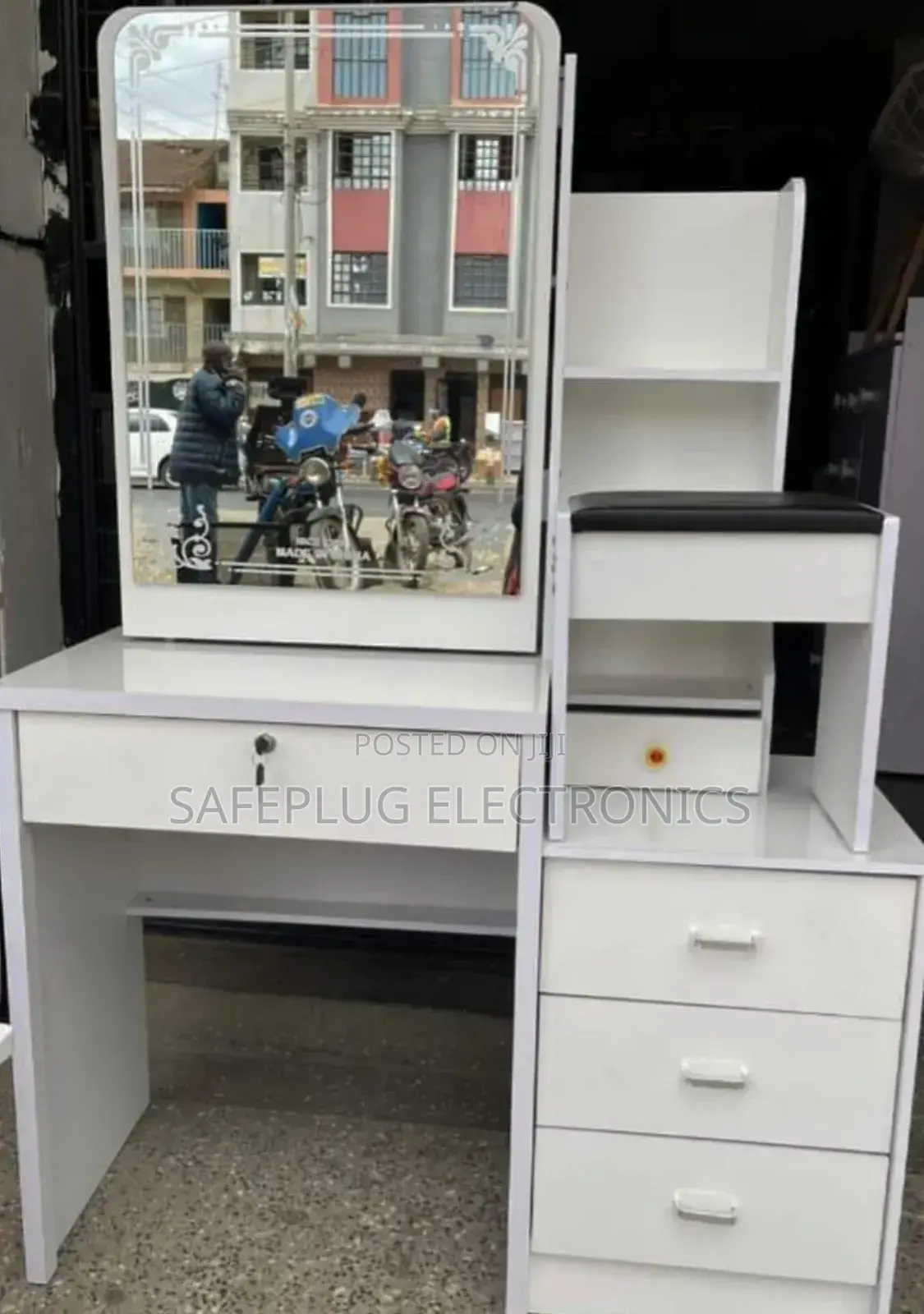 White - Dressing Table With Sliding Mirror, Sitting Stool