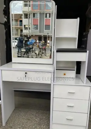 White - Dressing Table With Sliding Mirror, Sitting Stool