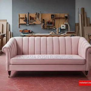 Pink Velvet Channel Tufted Three Seater Sofa