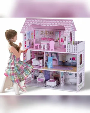 Pink Wooden Kids Doll House With Furniture Set at 9999