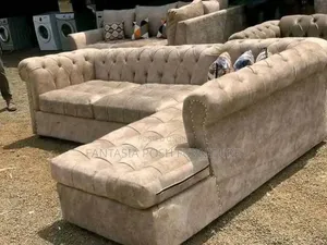 5 Seater Beige Button-Tufted Sectional Sofa - Free Delivery