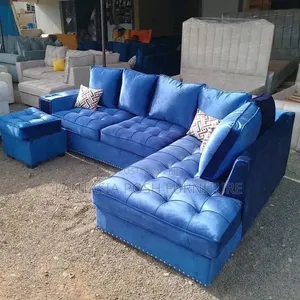 5 Seater Blue Button-Tufted Sectional Sofa + Ottoman - Free Delivery