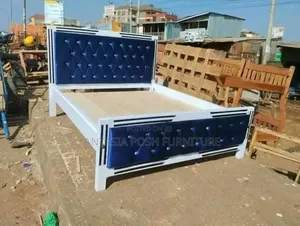 5x6 White Wooden Bed With Navy Blue Upholstered Diamond Tufted Panels