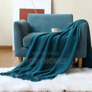 Knitted Tassel Throw Blankets Turquoise