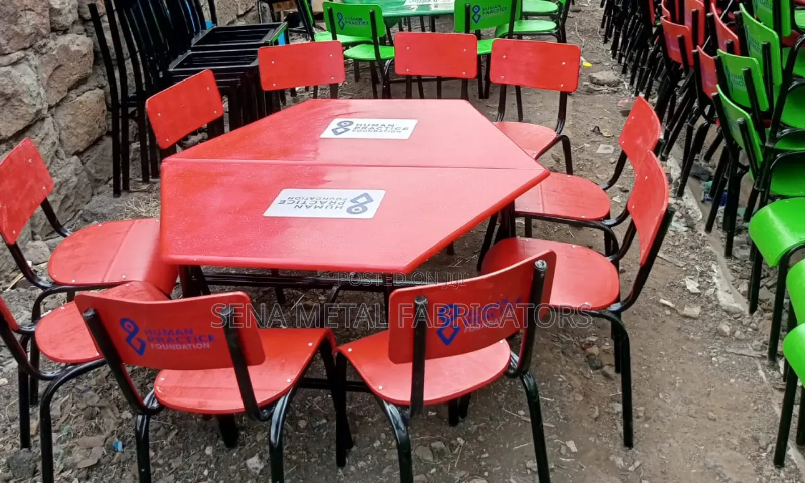 Kindergarten Set With Red Top and Chairs.
