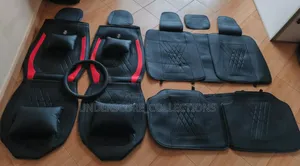 Black/Red Wheel Cover,Pillow and Seat Covers for a 5 Seater Car