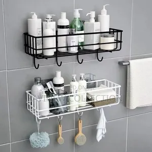 Punch Free Bathroom Shelf Storage Rack/Organizer With Hooks Stickers