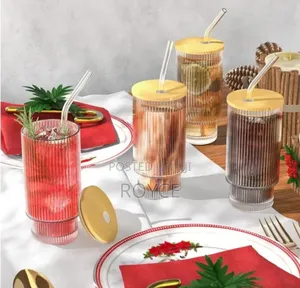 4pcs Ribbed Glass Smoothie Cups With Lids Straws