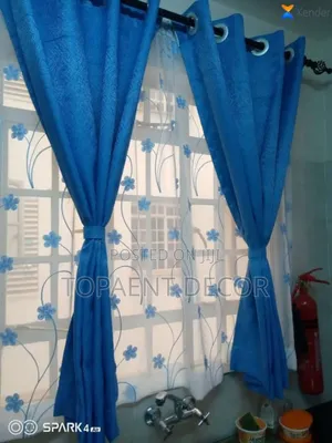 Double Set of Kitchen Window Curtains and Flowered White Sheers