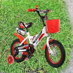 Red and White Bike With Training Wheels and Bottle–12-16 Inch for Kids