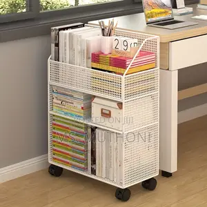 White, Three-Tiered Metal Rolling Storage Cart.