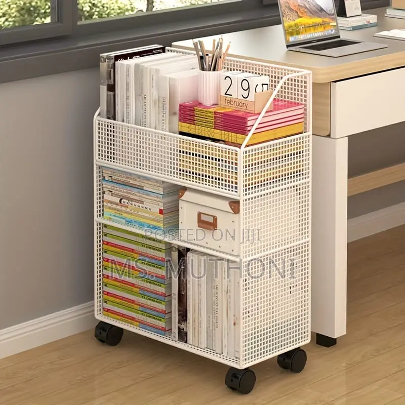 White, Three-Tiered Metal Rolling Storage Cart.