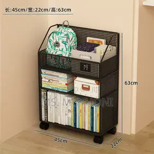White, Three-Tiered Metal Rolling Storage Cart.
