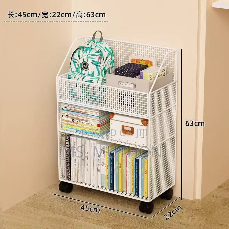 White, Three-Tiered Metal Rolling Storage Cart.