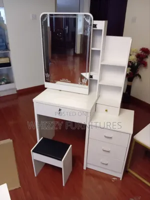 Modern White Dressing Table With a Mirror and Stool