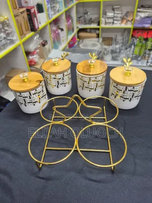 4 PCS Ceramic Canister Set With Gold Stand and Bamboo Lid
