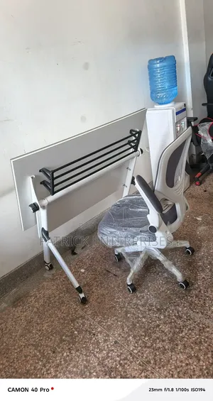 Modern Foldable Study/ Office Desk + Mid Back White Orthopedic Chair