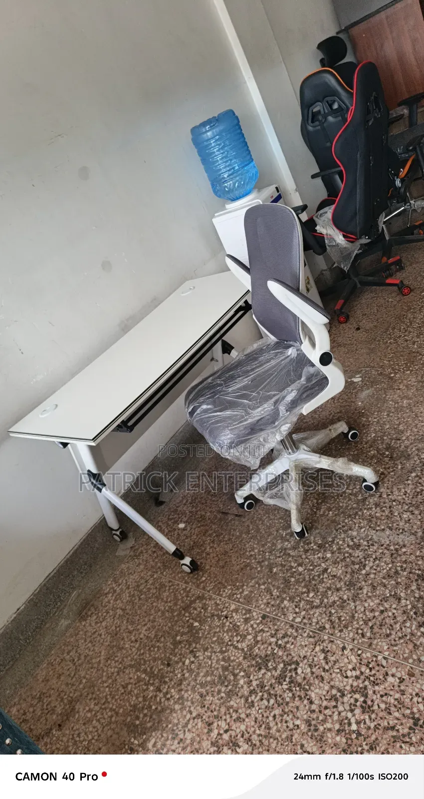 Modern Foldable Study/ Office Desk + Mid Back White Orthopedic Chair