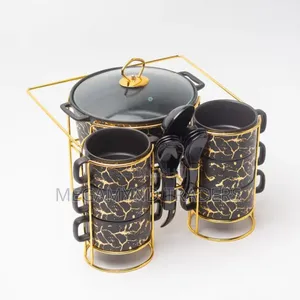 15pc Nordic Ceramic Soup Pot/Ceramic Marble Black Bowl Set