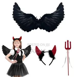 Kids Devil Costume Set With Black Angel Wings, Red Horns Trident