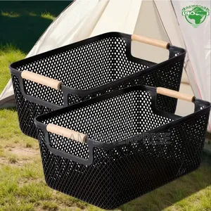 *Large Size Modern Hard Plastic Storage Basket With Wooden Handles