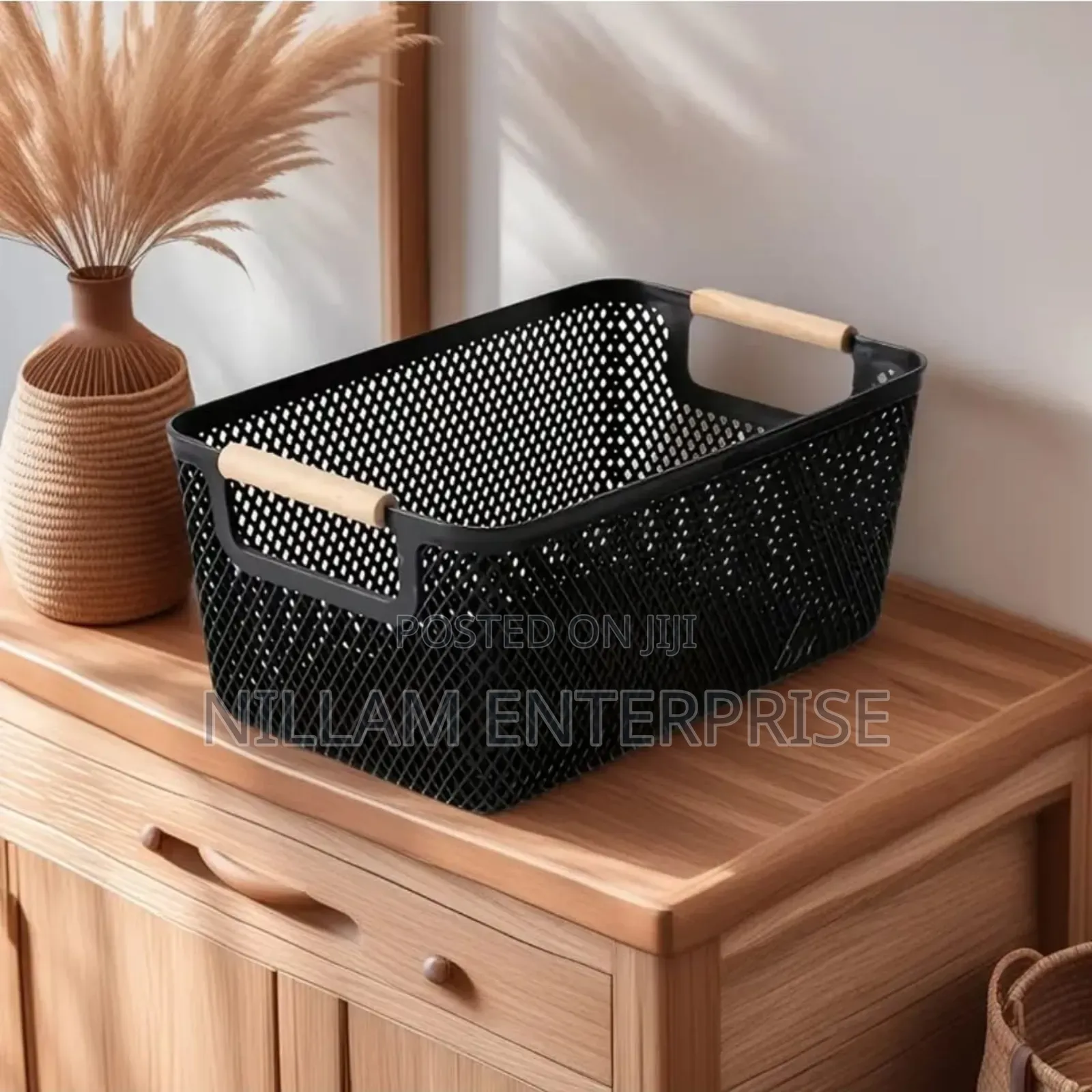 *Large Size Modern Hard Plastic Storage Basket With Wooden Handles
