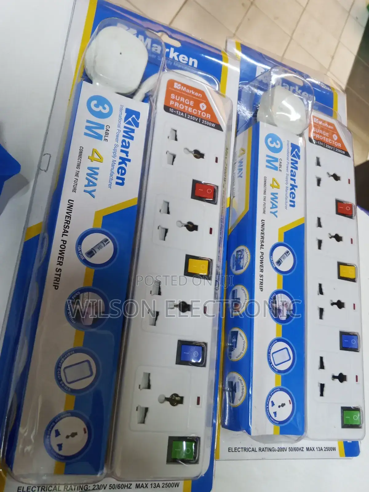 Marken 4 Way 3 Meter Extension. Surge Protector