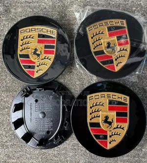 4x Porsche Wheel Hub Covers in Black Colored Porsche Crest Ring
