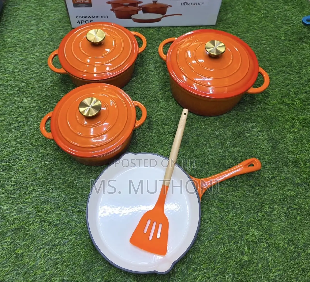 Orange 7pcs Enamel Cast Iron Cooking Pots + Silicone Spoon