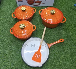 Orange 7pcs Enamel Cast Iron Cooking Pots + Silicone Spoon