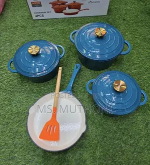 Lilac Blue / Gold Knobs 7pcs Enamel Cast Iron + Silicone Spoon