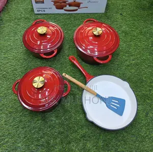Red / Gold Knobs 7pcs Enamel Cast Iron + Silicone Spoon