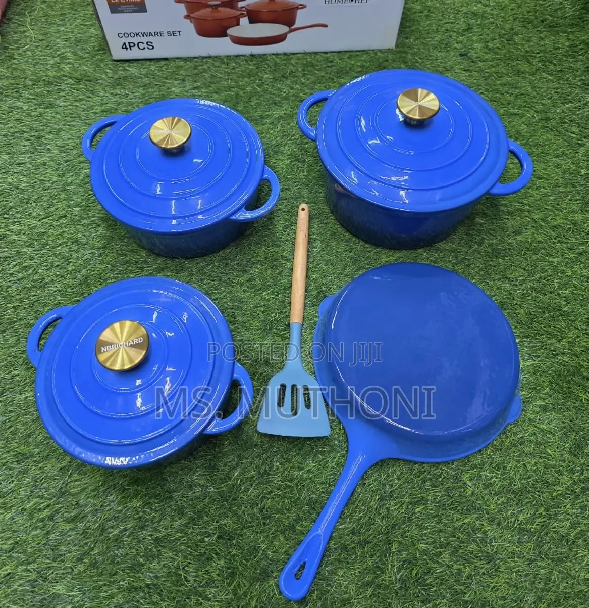 Blue / Gold Knobs 7pcs Enamel Cast Iron + Silicone Spoon