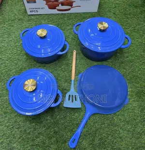 Blue / Gold Knobs 7pcs Enamel Cast Iron + Silicone Spoon
