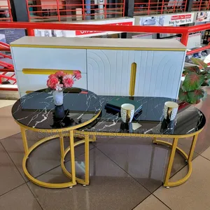 Marble Nesting Coffee Table (Glass Effect) With Metal Stand,