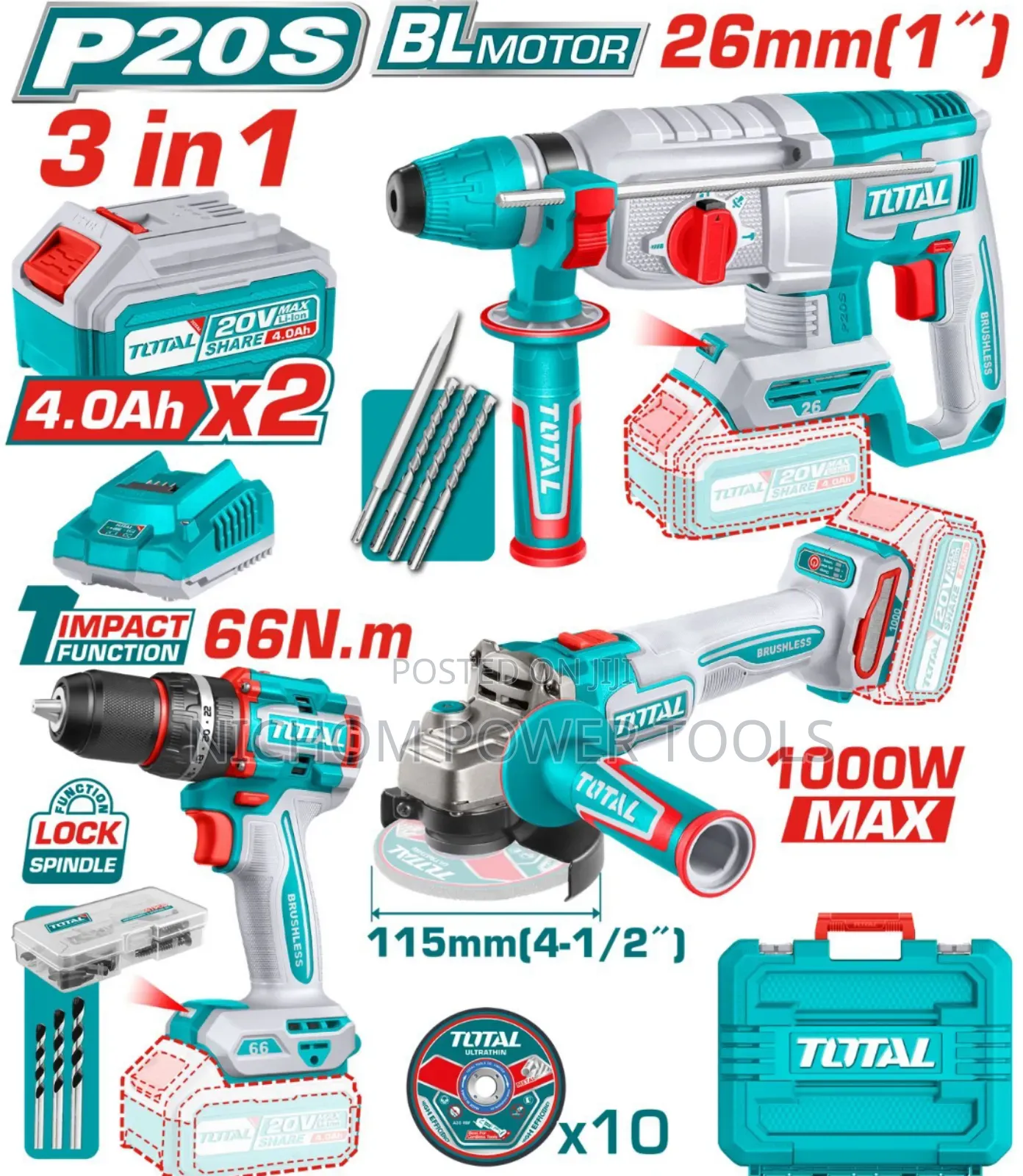 3 In 1 Total Cordless Combo Kit,Rotary Hammer, Impact Drill,Grinder
