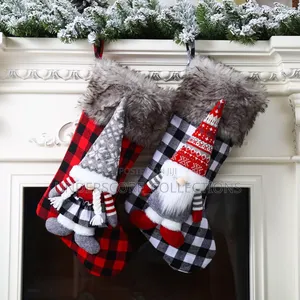 Buffalo Plaid Christmas Stockings With 3d Gnome Santa