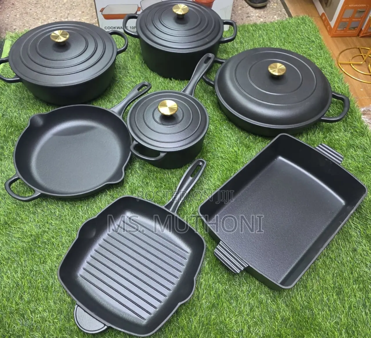 Matte Black With Gold Knobs 11 PCS Enamel Cast Iron Cooking P