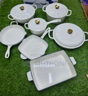 White / Gray With Gold Knobs 11 PCS Set Enamel Cast Iron Pots*