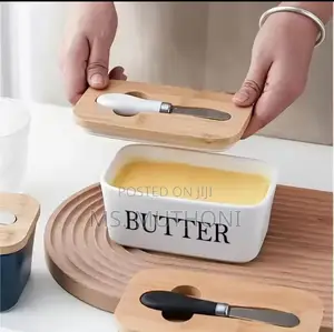 Ceramic Butter / Cheese Dish With a Bamboo Lid and a Butter Knife.