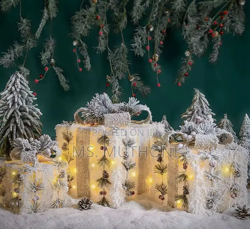 A Set of 3 Snowflocked Lighted Christmas Gift Boxes.