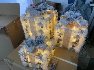 A Set of 3 Snowflocked Lighted Christmas Gift Boxes.